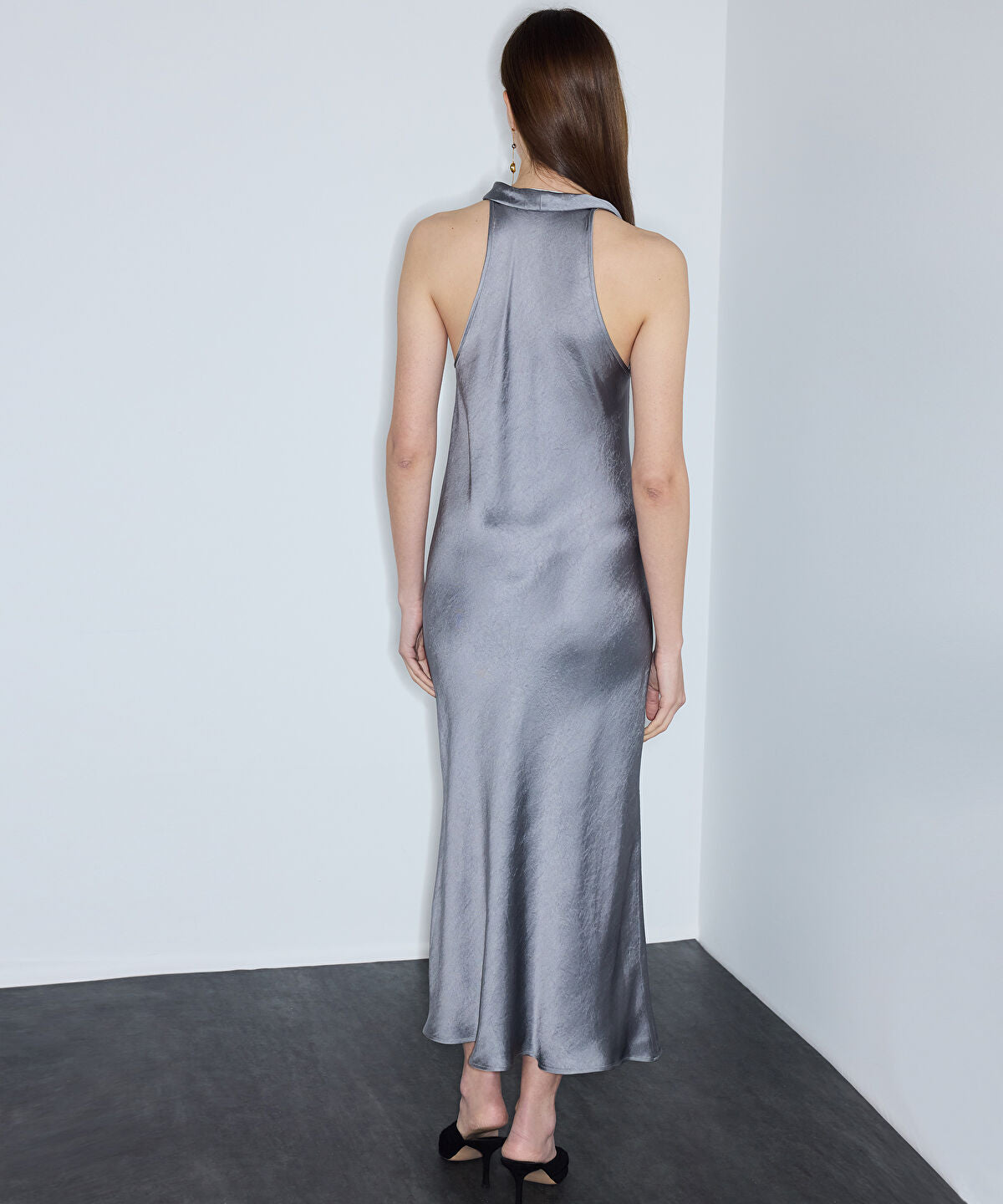 Zoomed Metallic-Finish Halter Dress