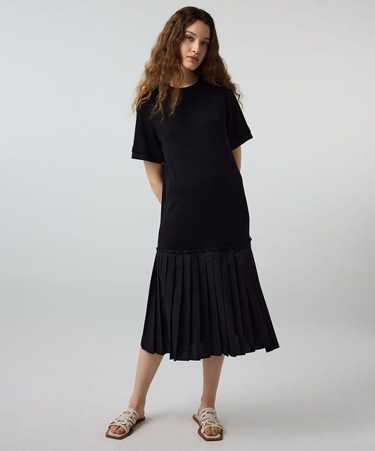 Pleated Mixed-Media Dress