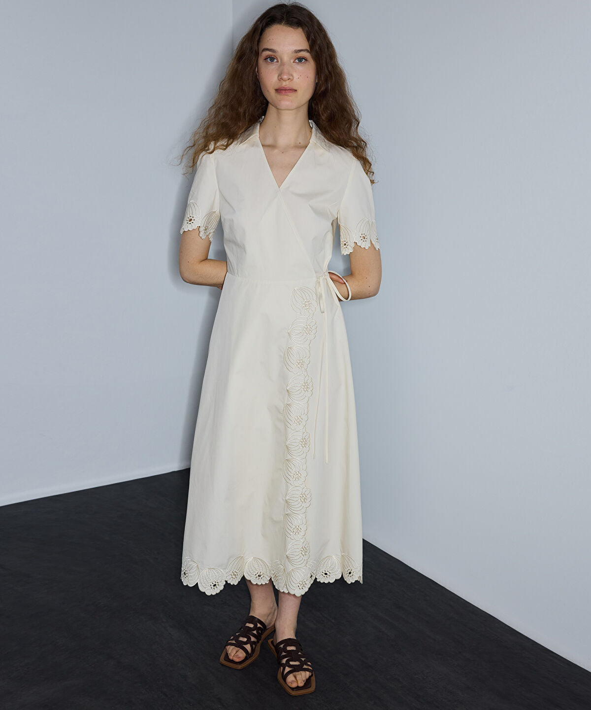 Embroidered Wrap Poplin Dress