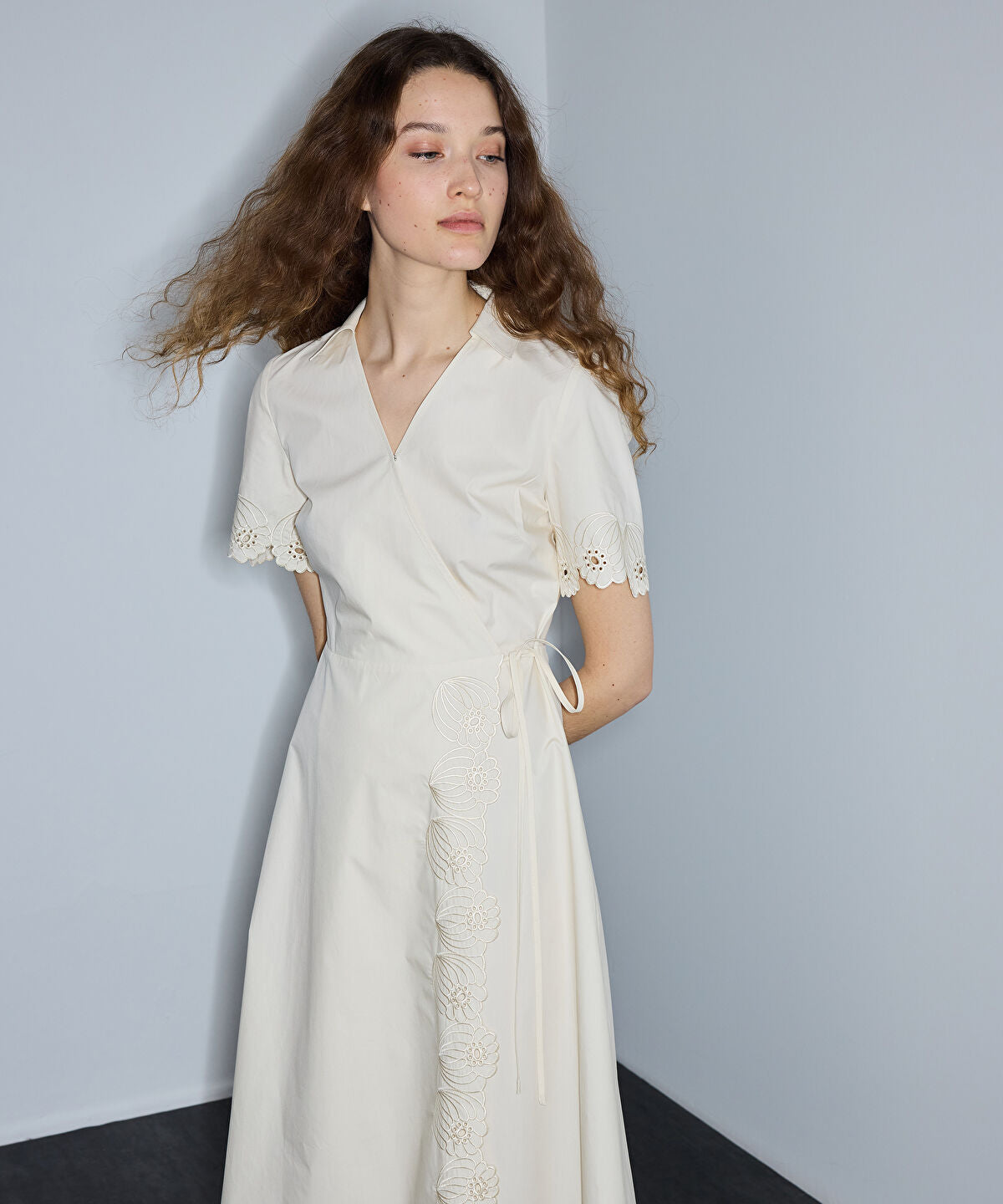 Zoomed Embroidered Wrap Poplin Dress