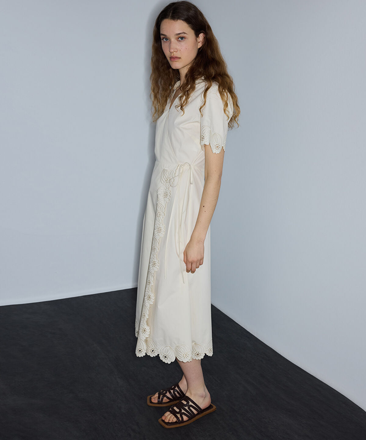 Embroidered Wrap Poplin Dress