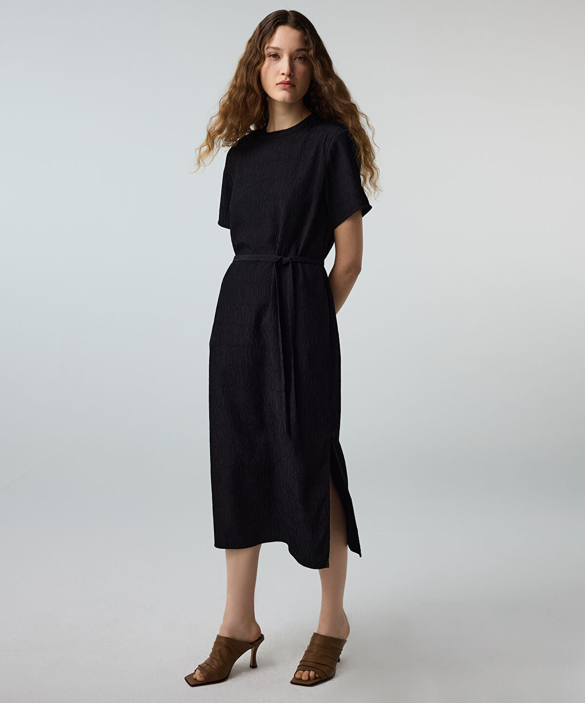 Zoomed Belted Crinkle-Effect Dress