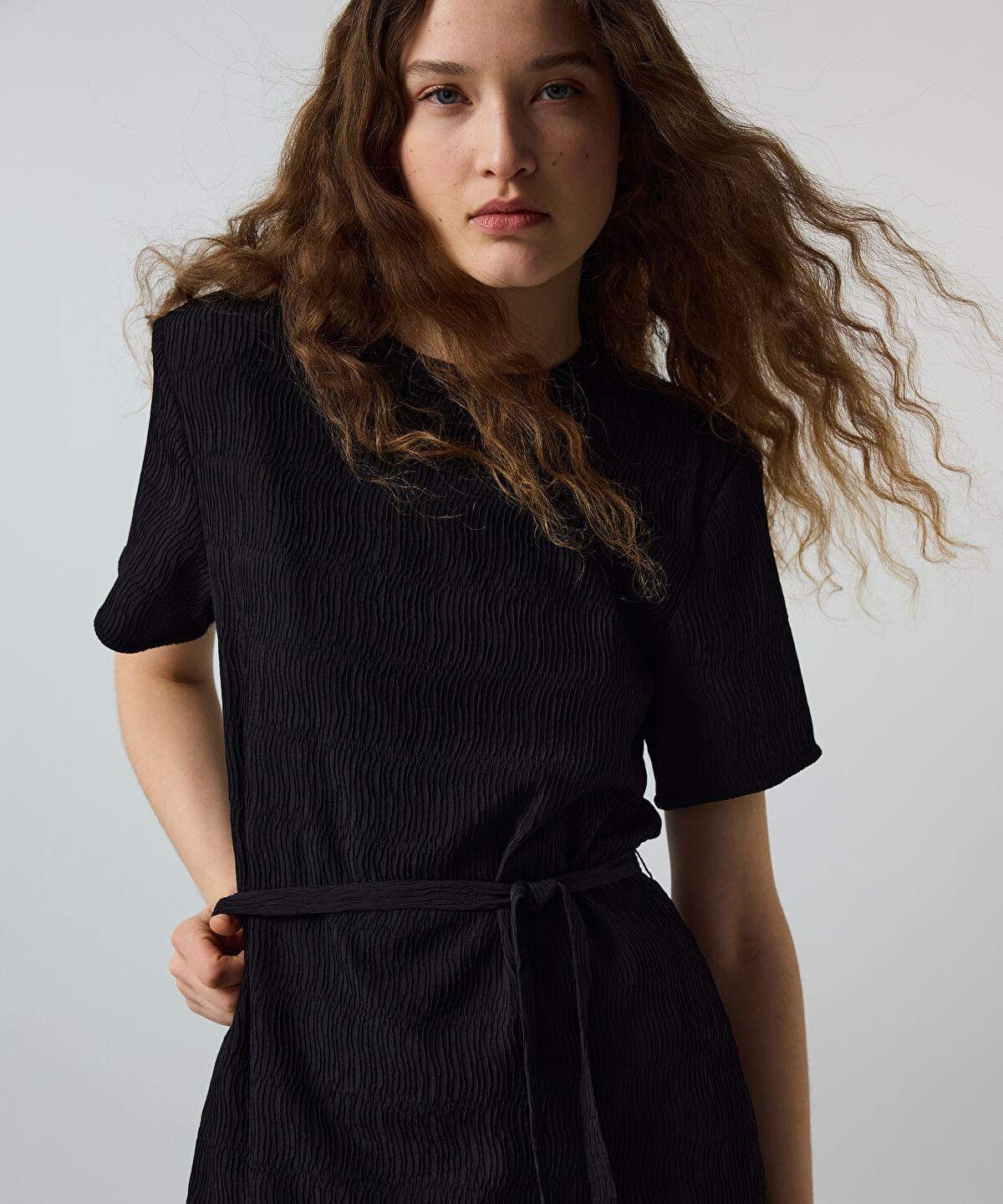 Zoomed Belted Crinkle-Effect Dress