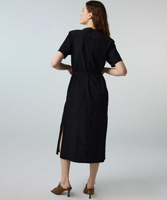 Belted Crinkle-Effect Dress
