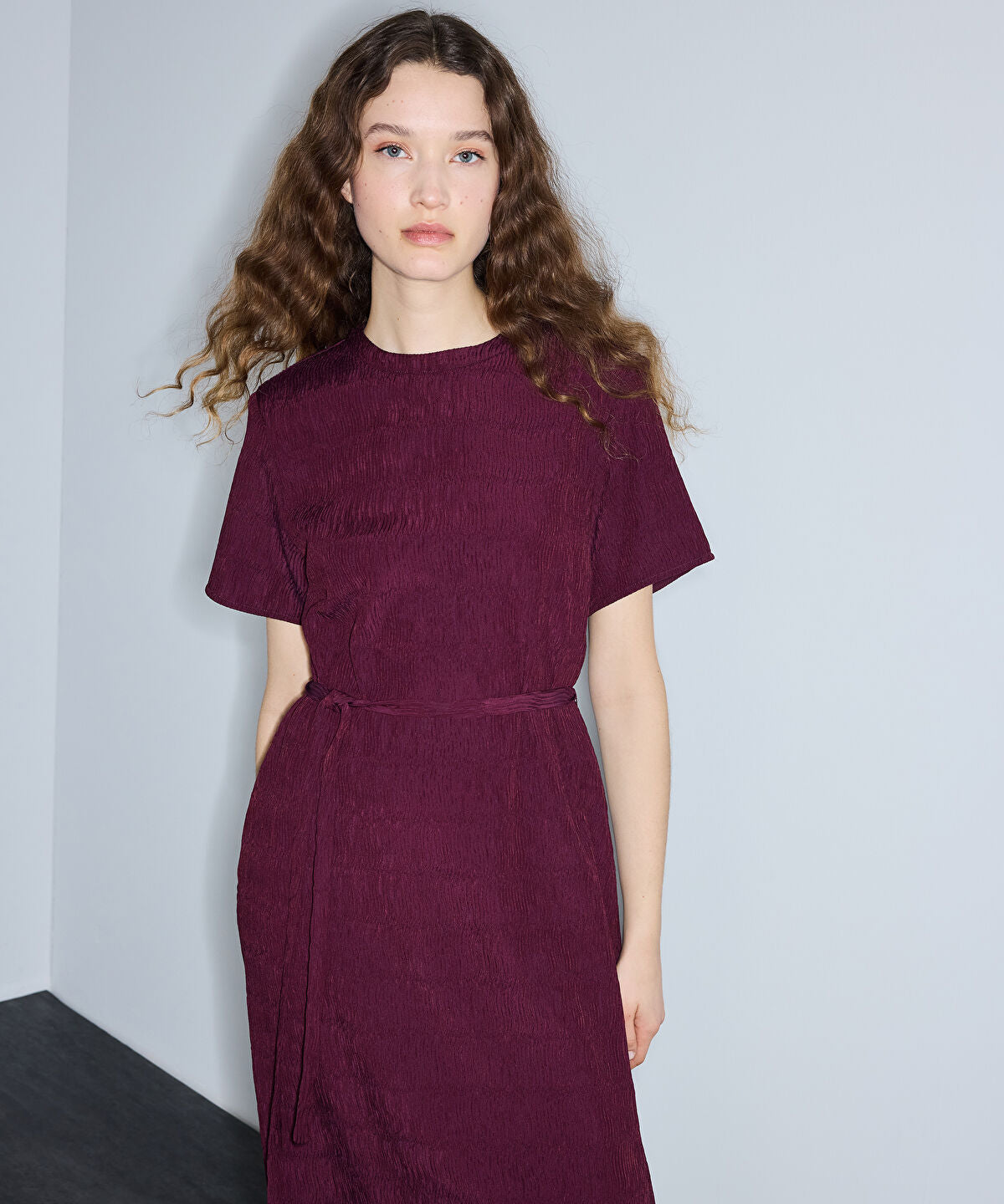 Zoomed Belted Crinkle-Effect Dress