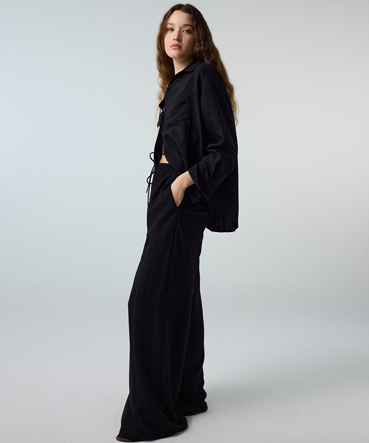 Self-Stripe Wide-Leg Trousers