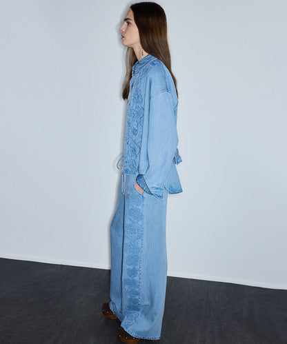 Floral Applique Wide-Leg Trousers