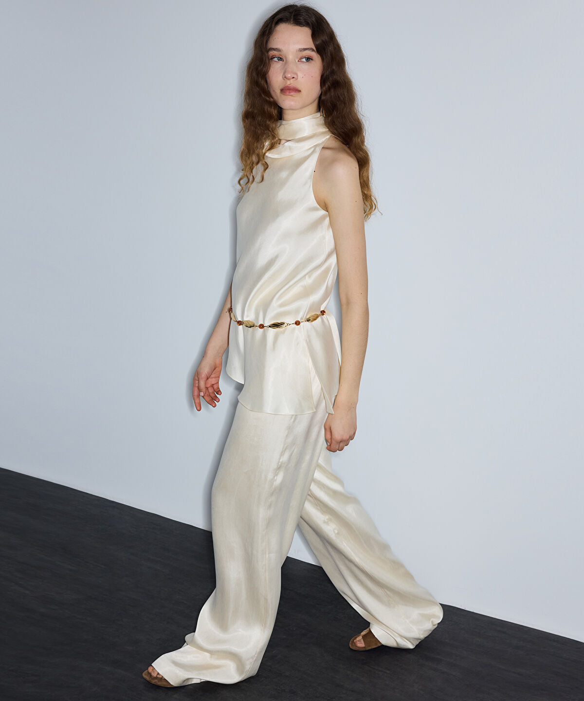 Zoomed Satin-Effect Wide-Leg Trousers