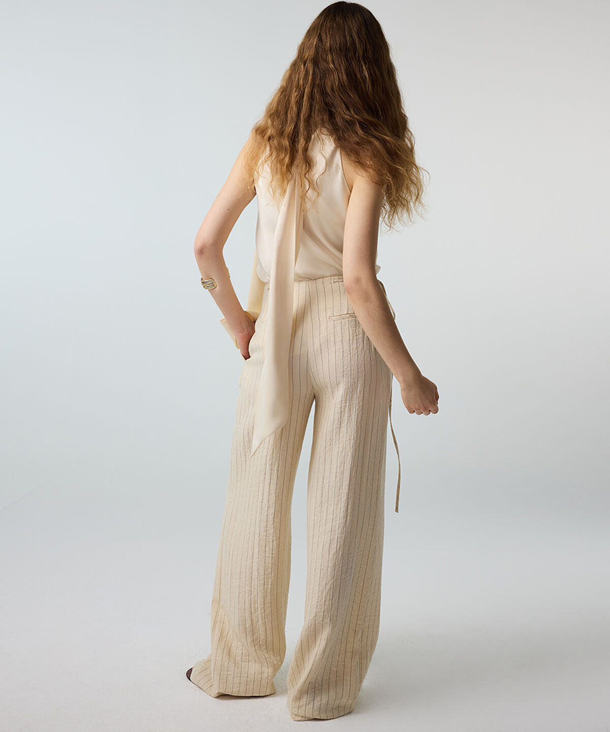 Zoomed Beaded-Waist Striped Trousers