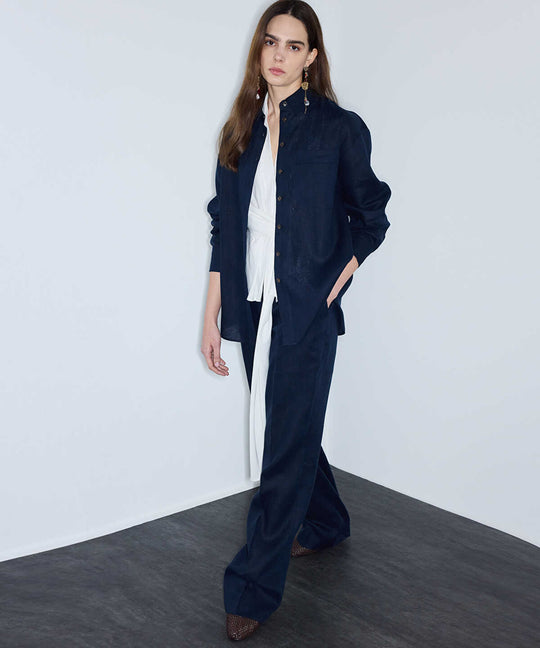 Belted Linen Wide-Leg Trousers