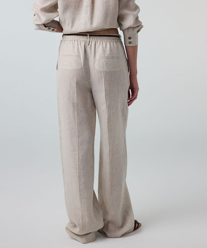 Pressed-Crease Belted Linen Trousers