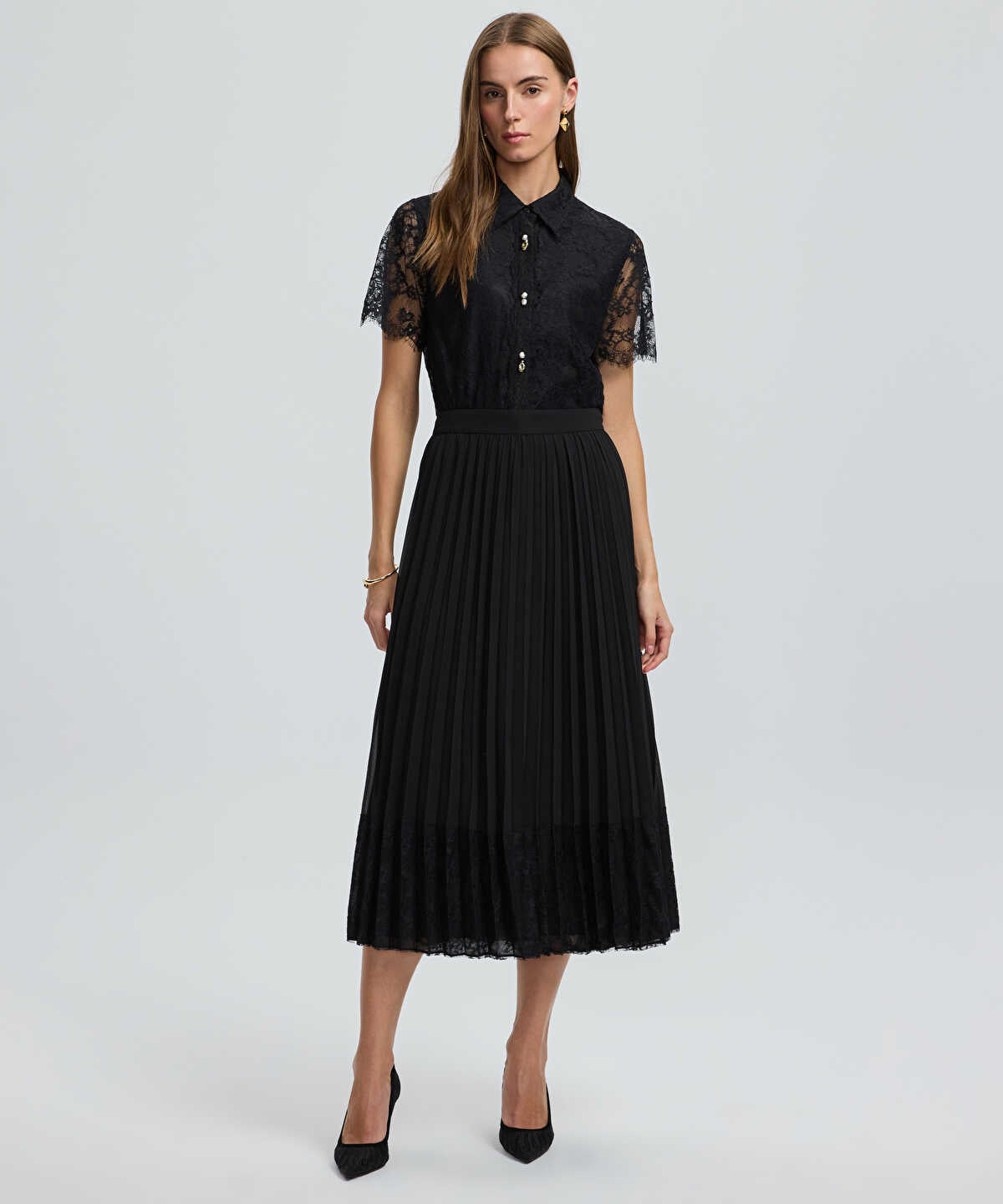 Pleated Lace Hem Midi Skirt