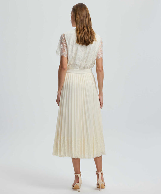 Pleated Lace Hem Midi Skirt