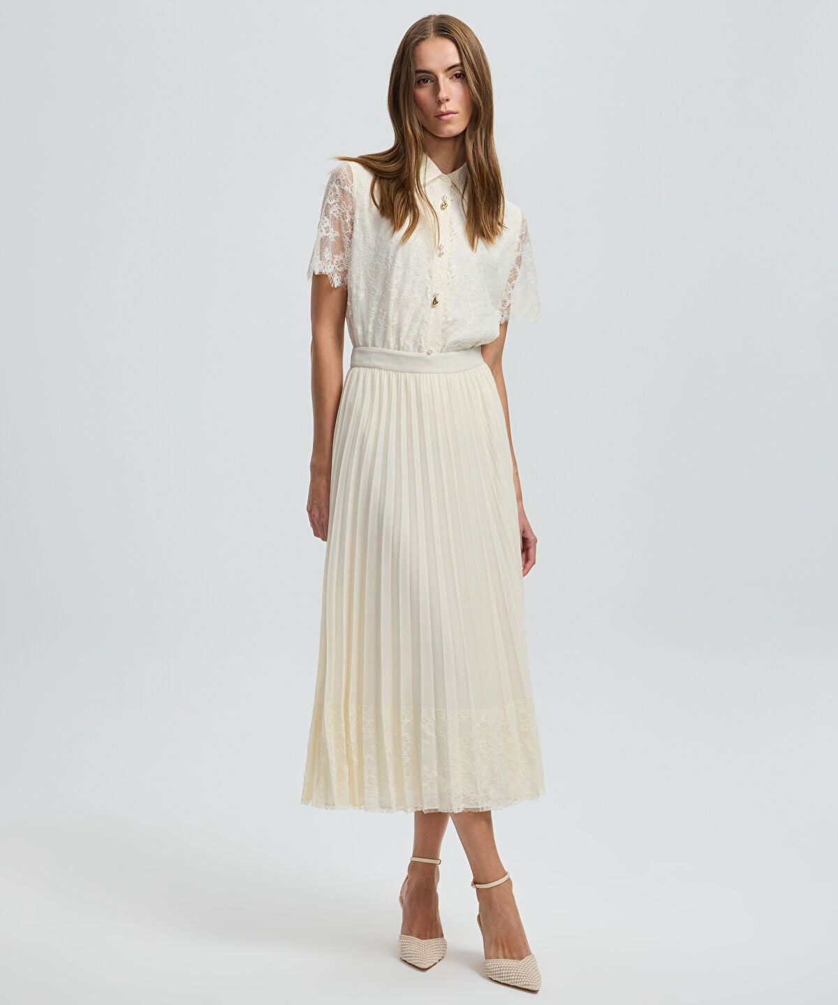 Pleated Lace Hem Midi Skirt