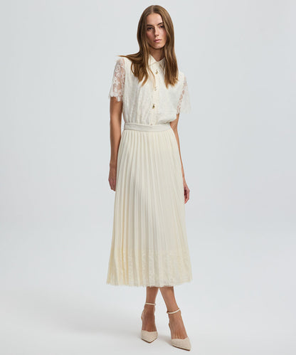 Pleated Lace Hem Midi Skirt