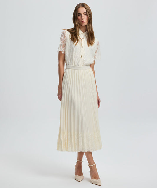 Pleated Lace Hem Midi Skirt