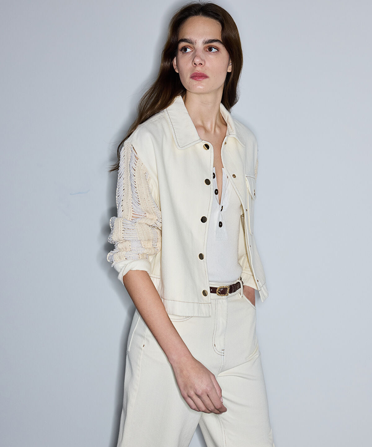 Zoomed Embellished Mixed Media Jacket