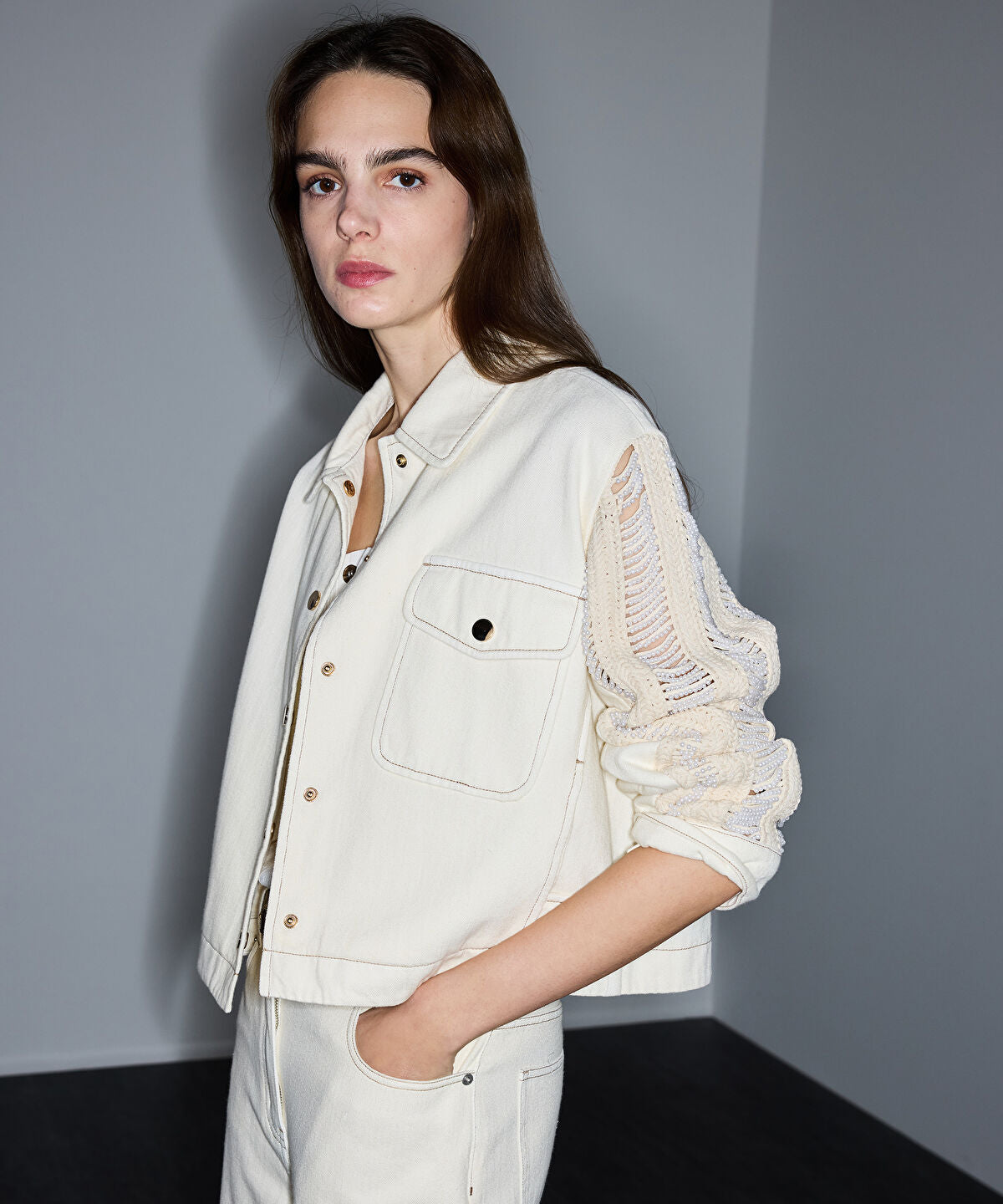 Zoomed Embellished Mixed Media Jacket