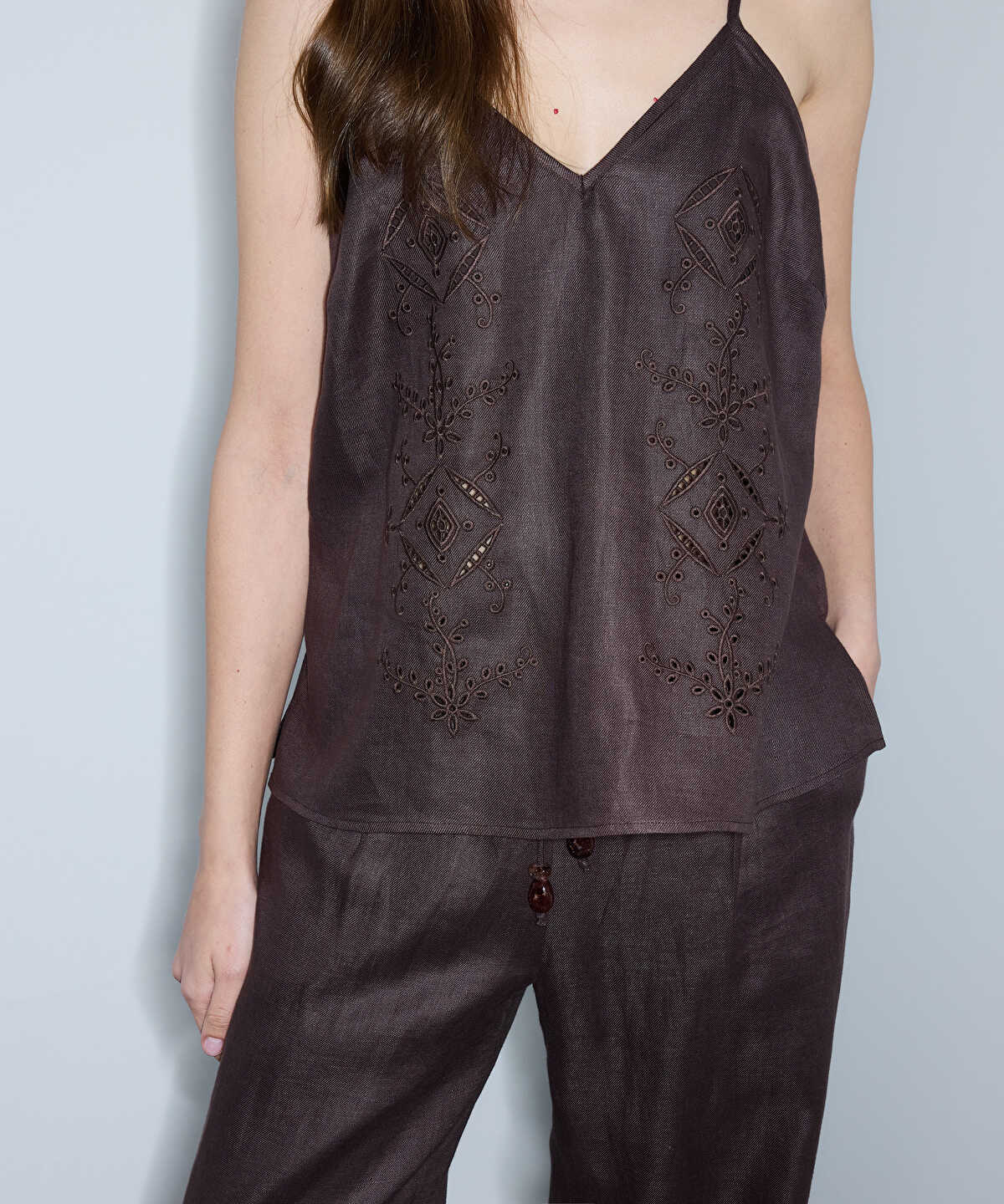 Embroidered V-Neck Linen Blouse