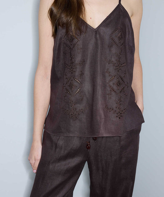 Embroidered V-Neck Linen Blouse