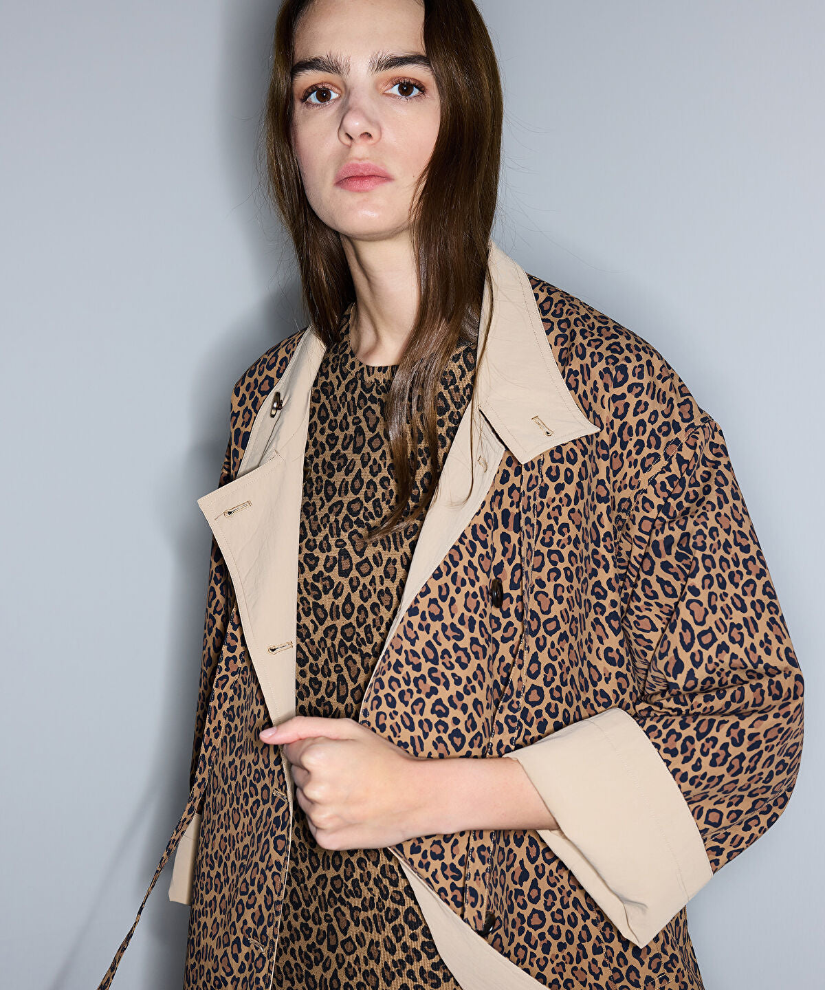 Zoomed Leopard Print Technical Trench Coat