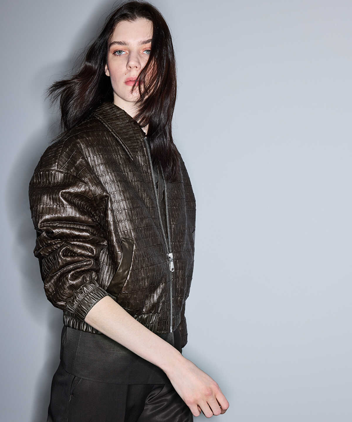 Zoomed Leather-Effect Textured Coat