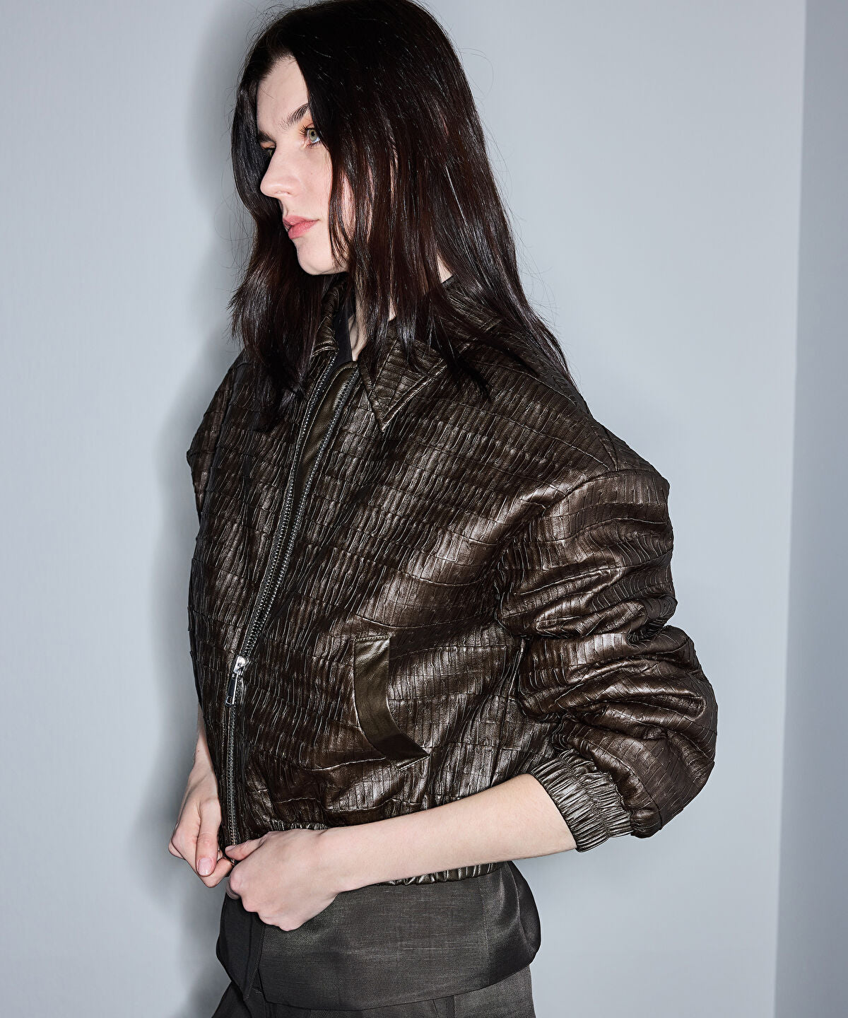 Zoomed Leather-Effect Textured Coat