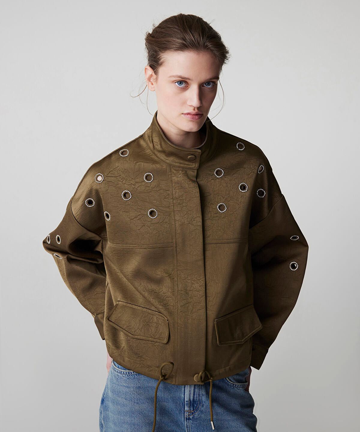 Zoomed Embellished Crinkle-Effect Coat