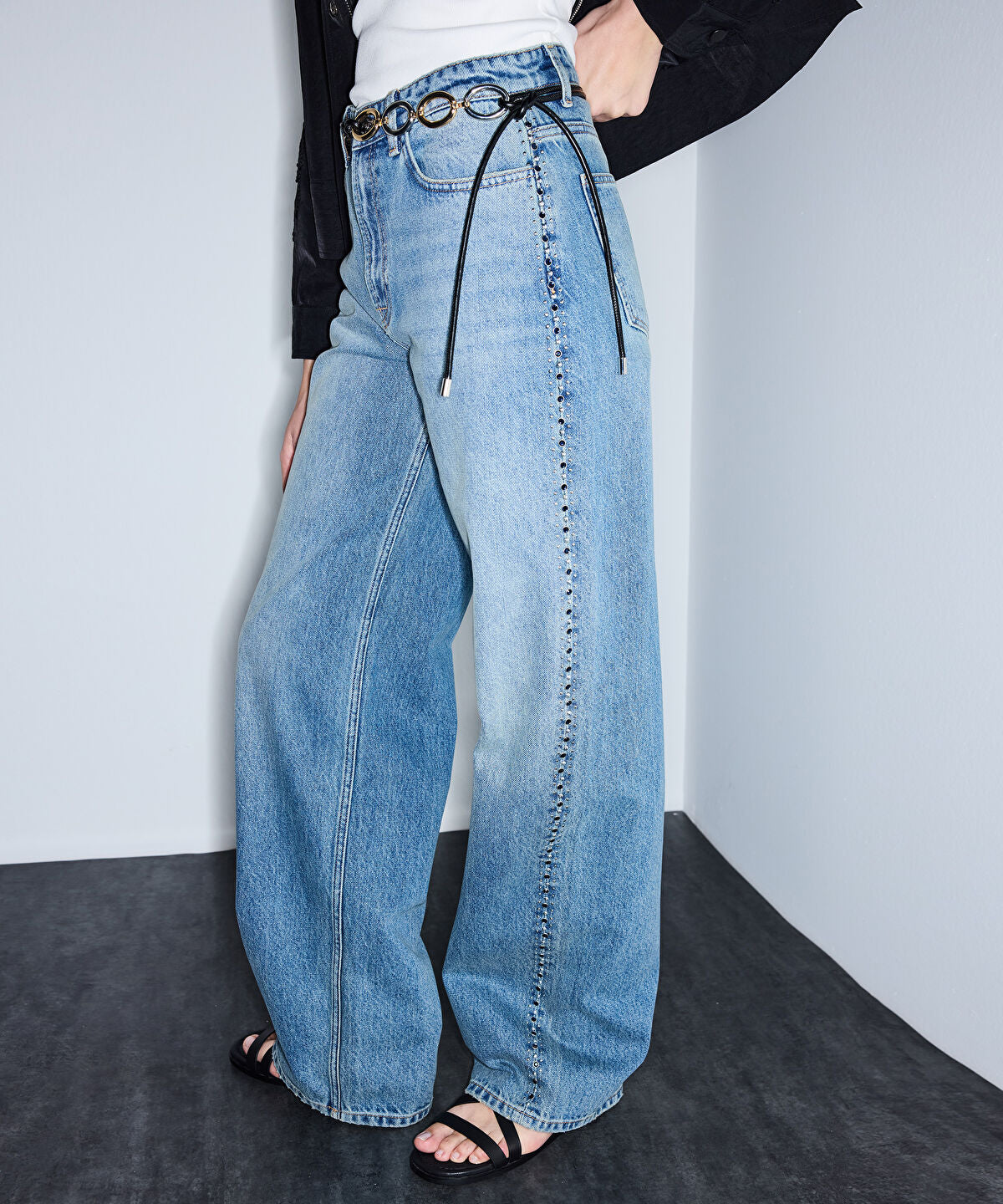 Zoomed Stud-Embellished Wide Leg Jeans