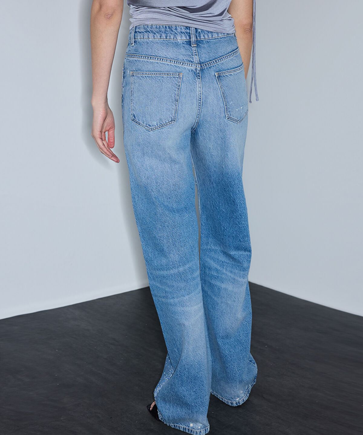Zoomed Rhinestone Wide-Leg Jeans
