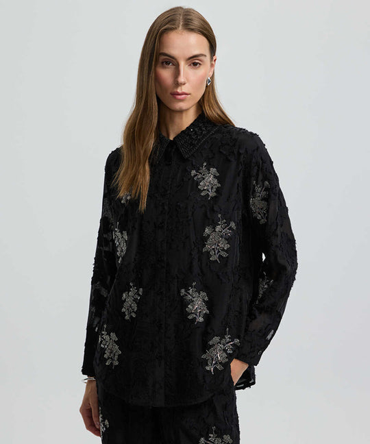 Embellished Knit Collar Shirt