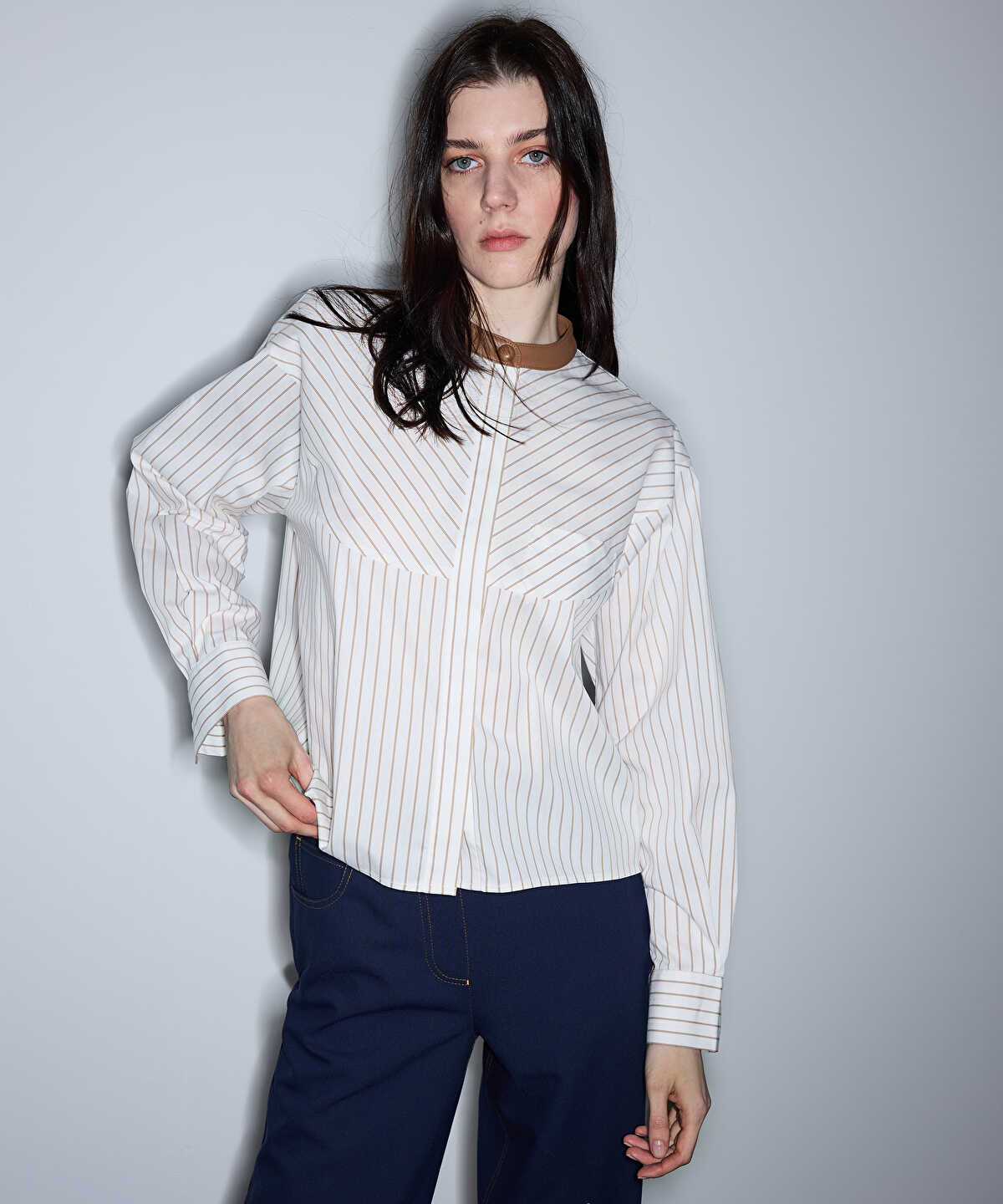 Contrast Collar Striped Shirt