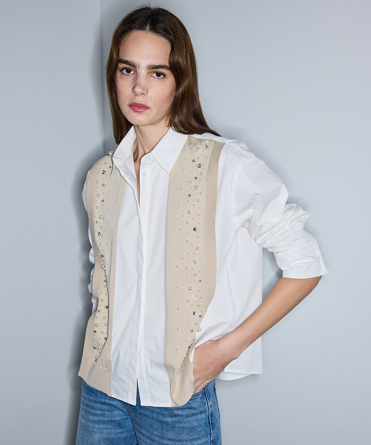 Embellished Mixed Media Shirt 
