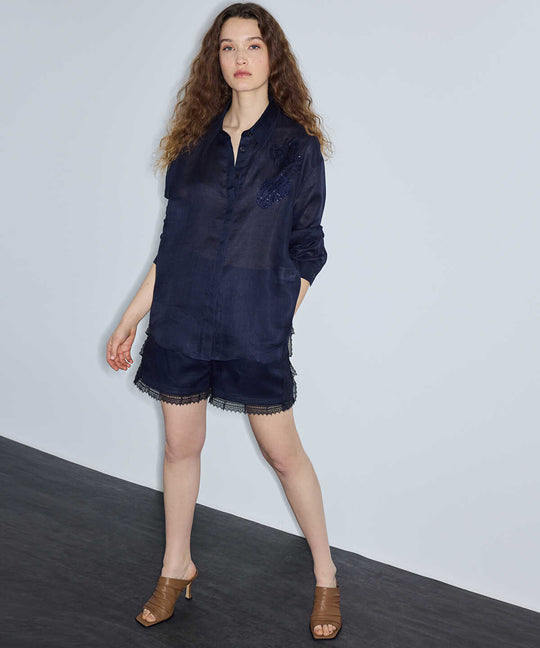 Linen Shirt with Lace Applique