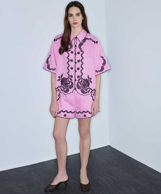 Linen Shirt with Contrast Embroidery