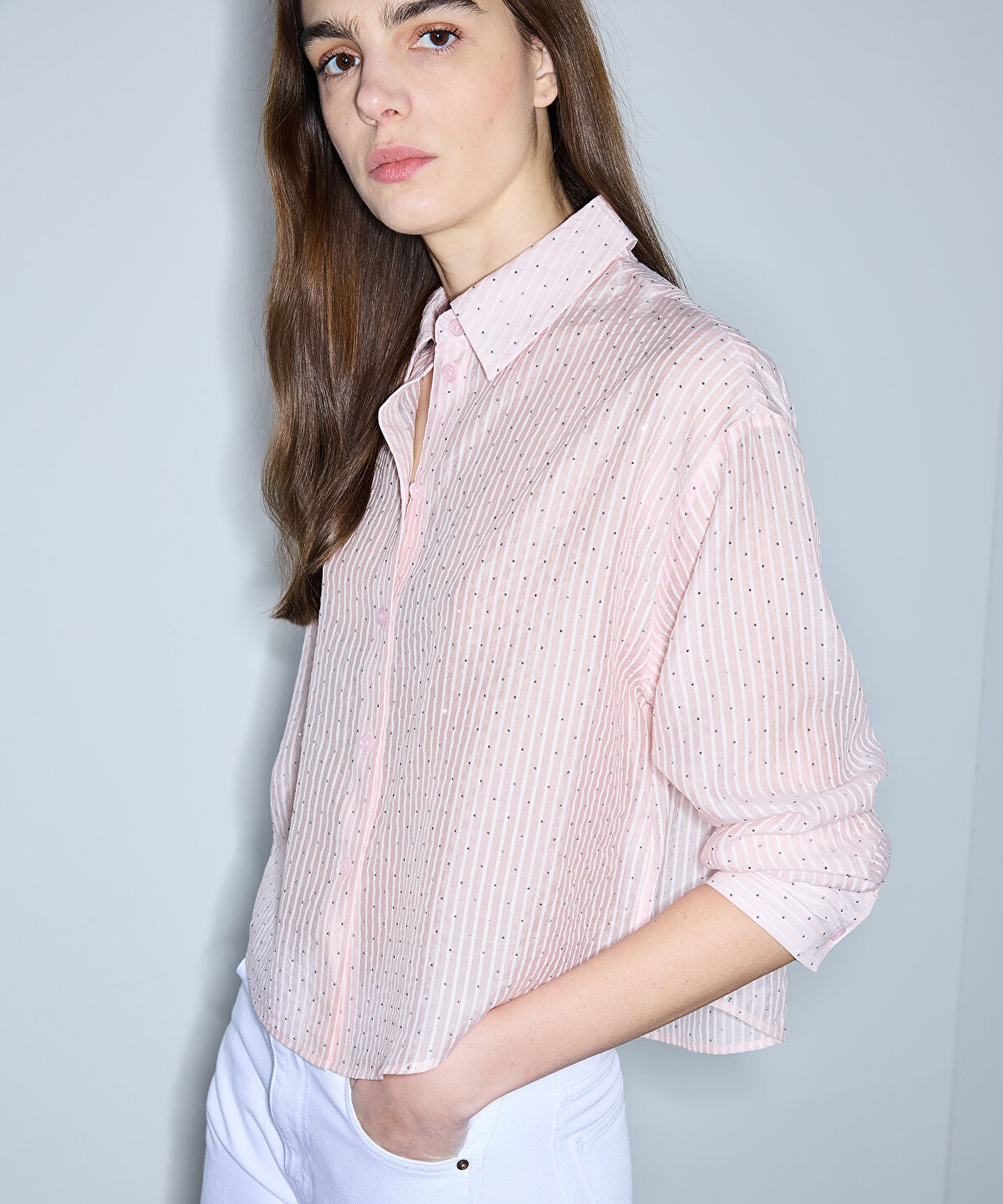Zoomed Rhinestone Embellished Striped Shirt