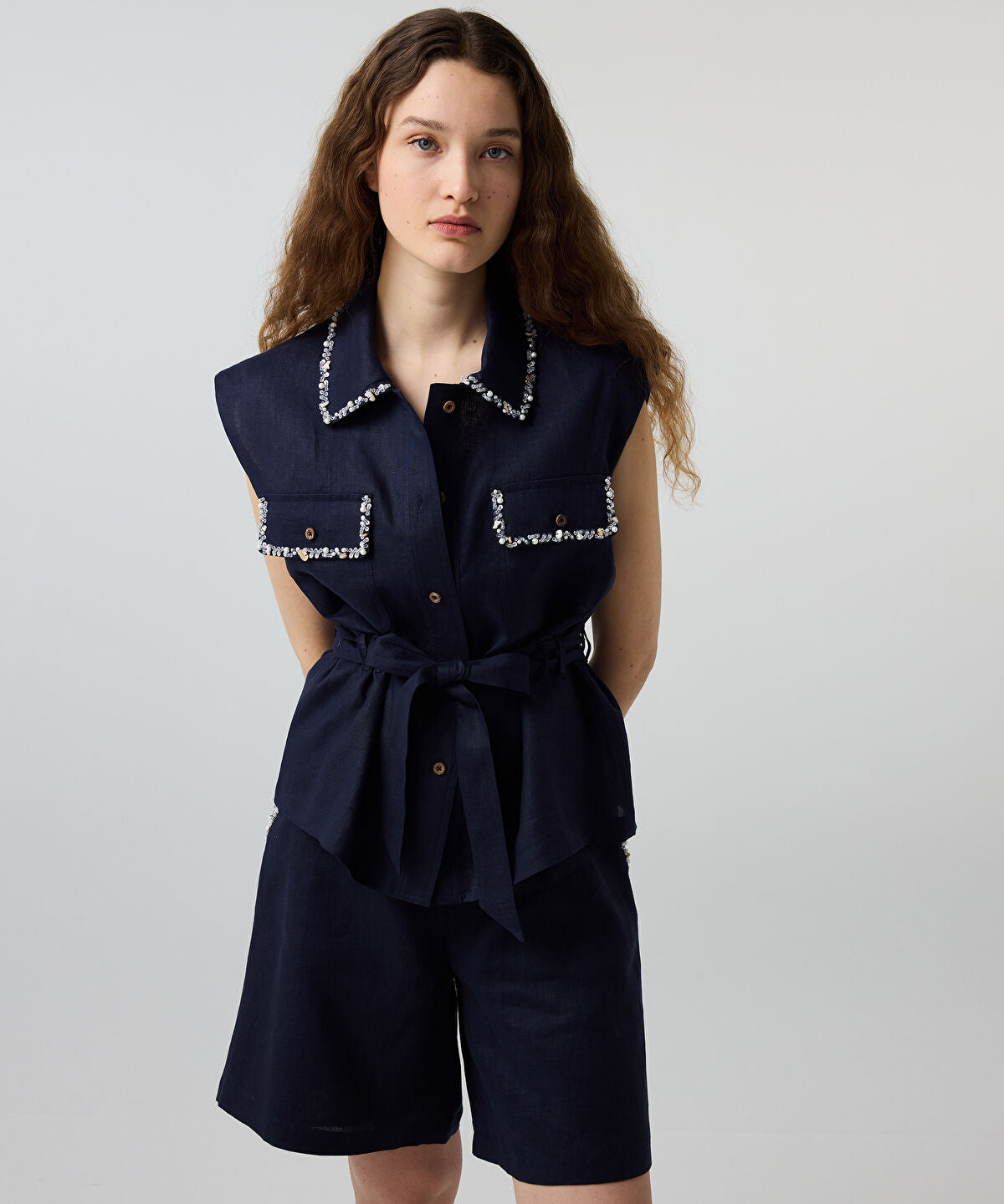 Zoomed Embellished Linen Shirt
