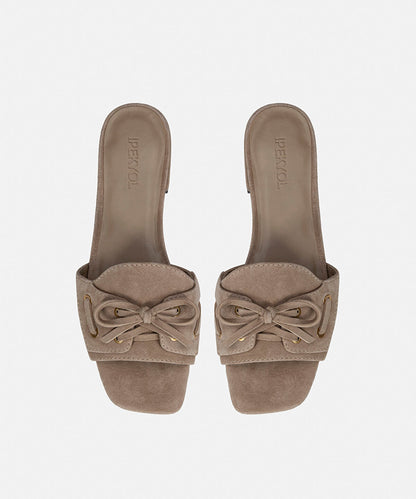 Suede-Leather Slippers with Bow