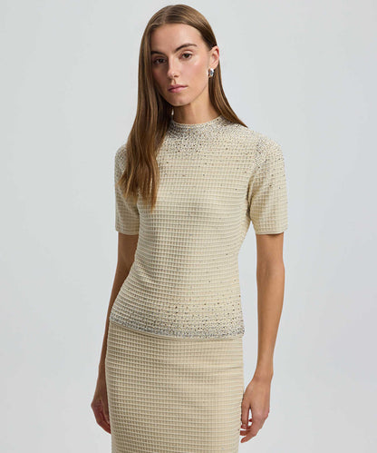 Rhinestone High-Neck Knit Top