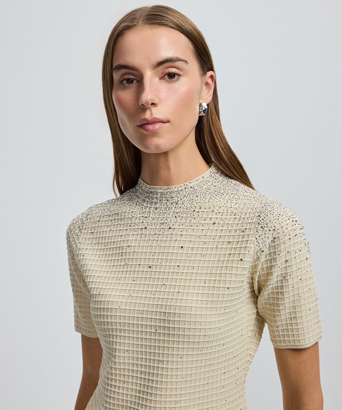 Zoomed Rhinestone High-Neck Knit Top