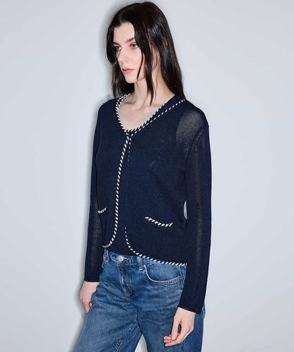 Knit Cardigan with Contrast Piping
