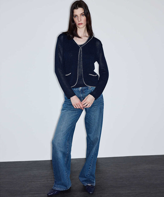 Knit Cardigan with Contrast Piping