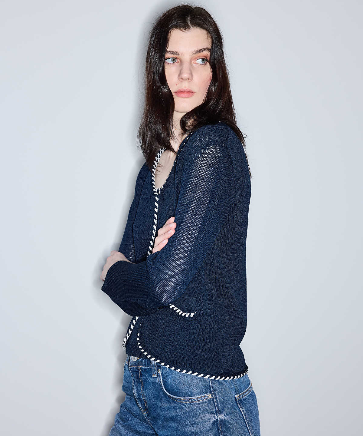 Knit Cardigan with Contrast Piping