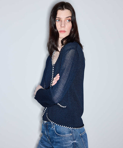 Knit Cardigan with Contrast Piping