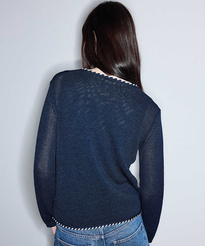 Knit Cardigan with Contrast Piping
