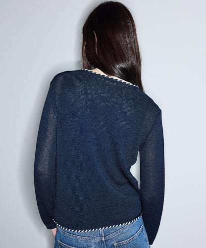 Knit Cardigan with Contrast Piping