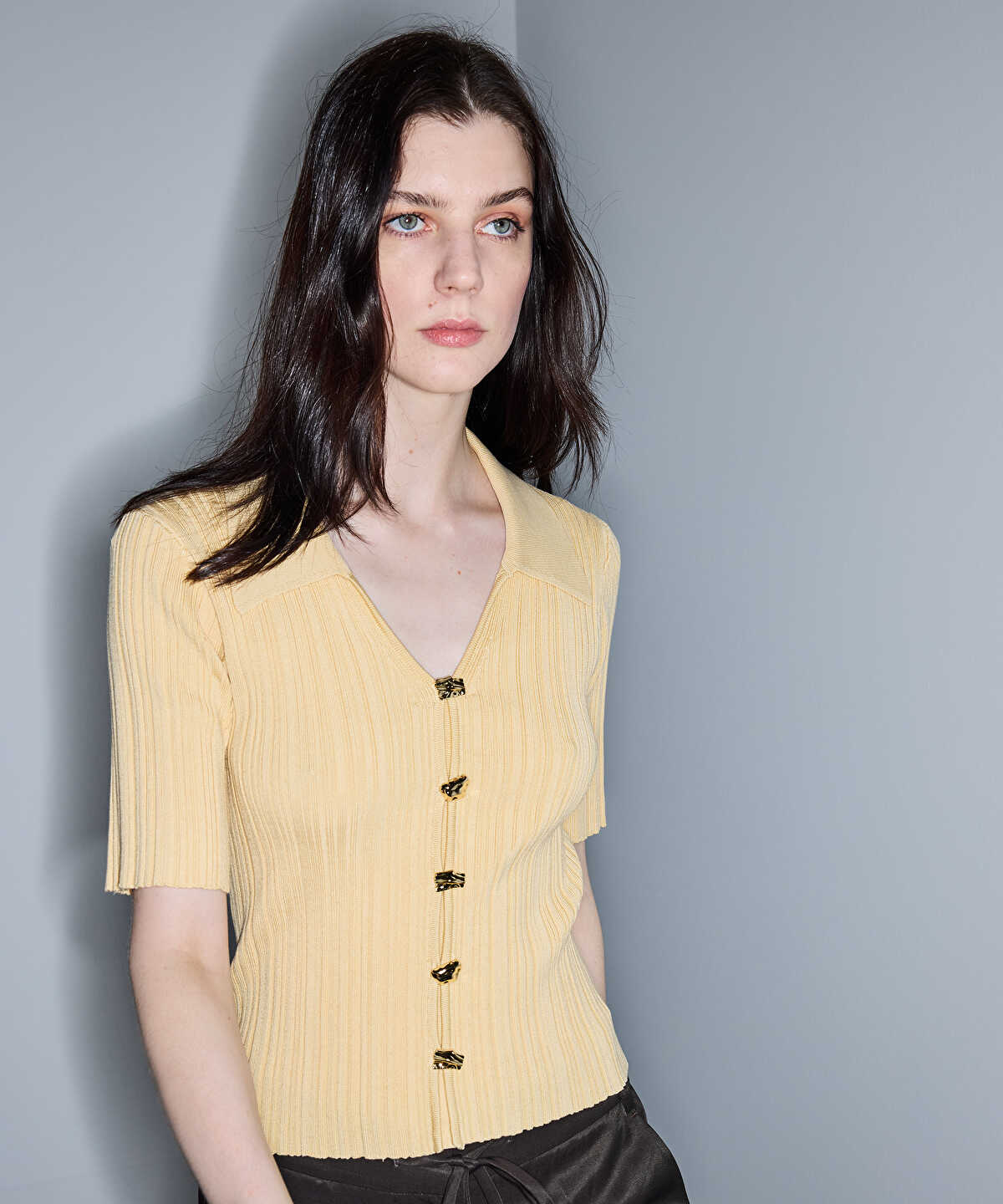 Zoomed Knit Top with Gold Buttons