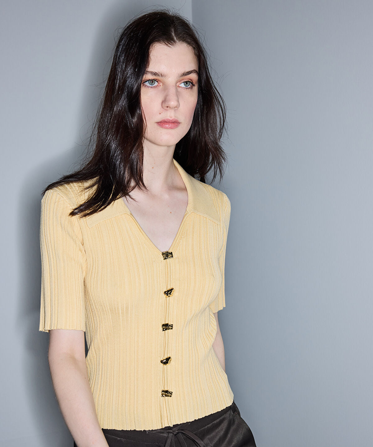 Zoomed Knit Top with Gold Buttons