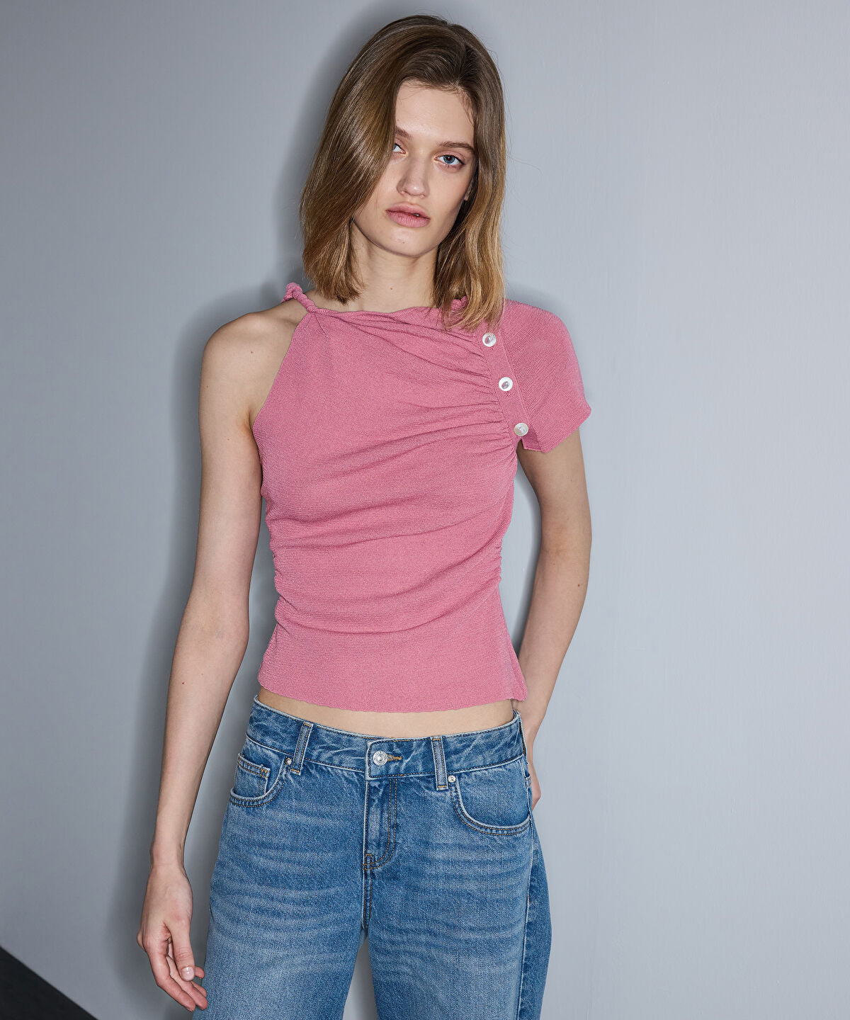 Zoomed Gathered Asymmetric Knit Top