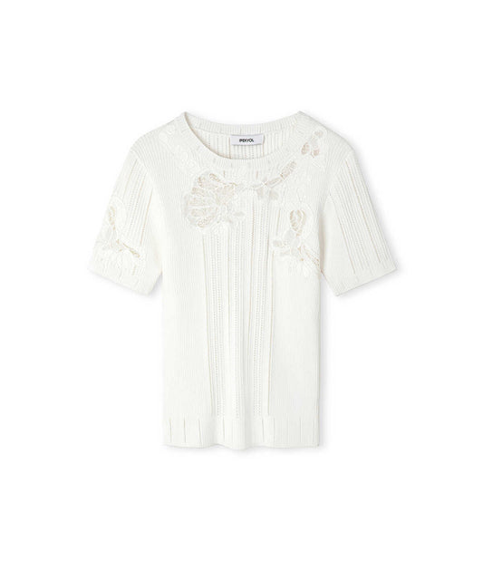 Embroidered Mixed Knit Top